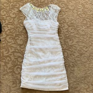 bebe cream and tan dress gold crystals ruffled
